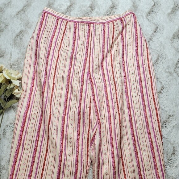 Adrianna Papell 100% Silk Shell Beaded Cream Pink Stripe Pants Size 16 - Picture 2 of 9